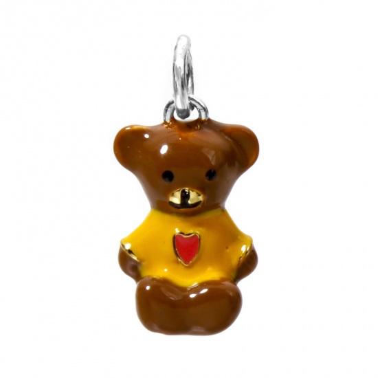 Picture of 1 Piece Eco-friendly Brass Charms Real Platinum Plated Multicolor Bear Animal Enamel 18mm x 9mm