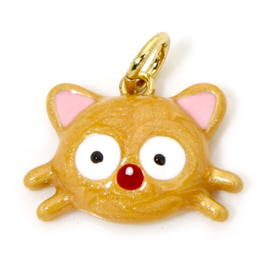 Picture of 1 Piece Eco-friendly Brass Charms 18K Real Gold Plated Multicolor Cat Animal Enamel 16mm x 15mm