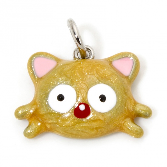 Picture of 1 Piece Eco-friendly Brass Charms Real Platinum Plated Multicolor Cat Animal Enamel 16mm x 15mm