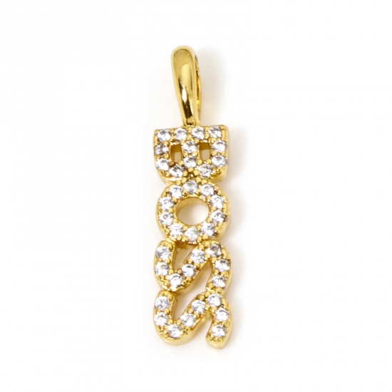 Immagine di 1 Pz Ecologico Ottone Ciondoli Messaggio 18K Vero Oro Placcato Lettere " BOSS " Micro Spianare Trasparente Cubic Zirconiae 22mm x 5.5mm