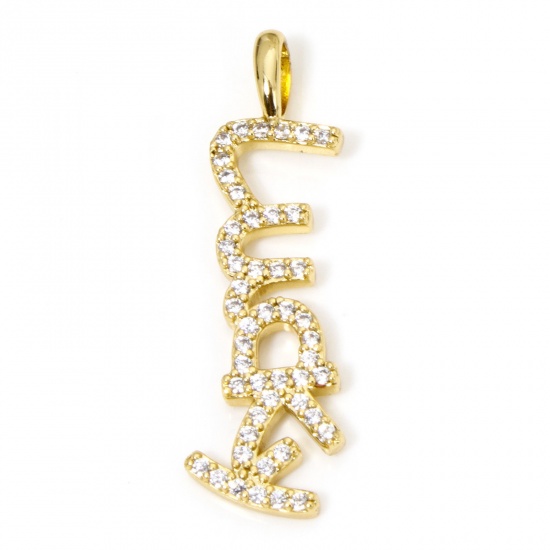 Immagine di 1 Pz Ecologico Ottone Positive Energie Ciondoli Pendenti Messaggio 18K Vero Oro Placcato Lettere " Lucky " Micro Spianare Trasparente Cubic Zirconiae 3.3cm x 1cm