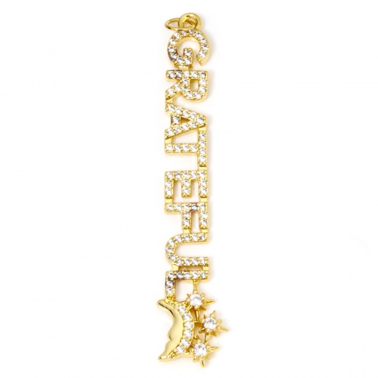 Immagine di 1 Pz Ecologico Ottone Ciondoli Pendenti Messaggio 18K Vero Oro Placcato Lettere " GRATEFUL " Micro Spianare Trasparente Cubic Zirconiae 6.2cm x 1.1cm