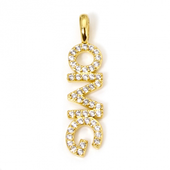 Immagine di 1 Pz Ecologico Ottone Ciondoli Pendenti Messaggio 18K Vero Oro Placcato Lettere " omg " Micro Spianare Trasparente Cubic Zirconiae 3cm x 0.7cm