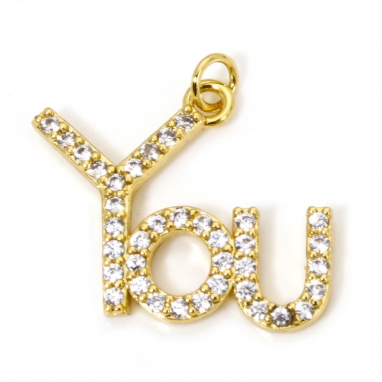 Immagine di 1 Pz Ecologico Ottone Ciondoli Messaggio 18K Vero Oro Placcato Lettere " you " Micro Spianare Trasparente Cubic Zirconiae 20mm x 19mm