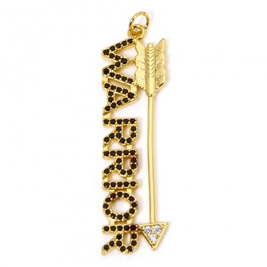 Immagine di 1 Pz Ecologico Ottone Ciondoli Pendenti Messaggio 18K Vero Oro Placcato Lettere " WARRIOR " Micro Spianare Trasparente Cubic Zirconiae 4.9cm x 1.3cm