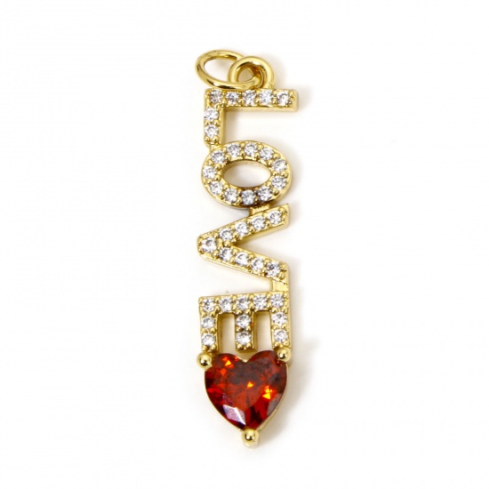 Immagine di 1 Pz Ecologico Ottone San Valentino Ciondoli Pendenti Messaggio 18K Vero Oro Placcato Cuore Lettere " LOVE " Micro Spianare Trasparente Cubic Zirconiae Rosso Strass 3.3cm x 0.7cm