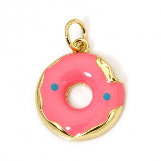 Picture of 1 Piece Eco-friendly Brass Charms 18K Real Gold Plated Pink Donut Enamel 19mm x 14mm