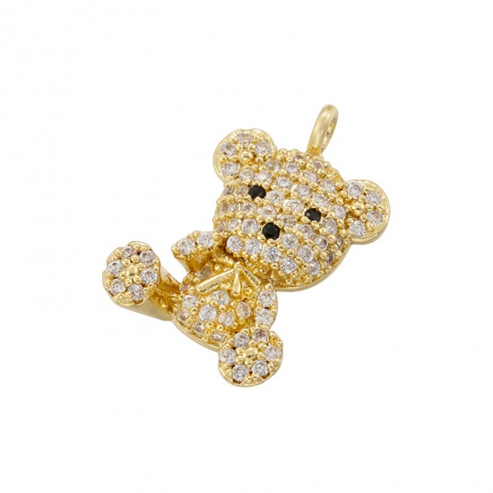 Picture of 1 Piece Brass Micro Pave Charms 18K Gold Plated Bear Animal Clear Cubic Zirconia 19mm x 12.5mm