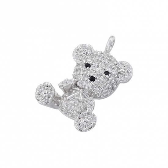 Picture of 1 Piece Brass Micro Pave Charms Platinum Plated Bear Animal Clear Cubic Zirconia 19mm x 12.5mm