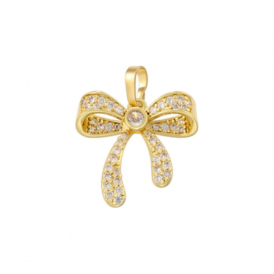 Picture of 1 Piece Brass Micro Pave Charm Pendant 18K Gold Plated Bowknot Clear Cubic Zirconia 22mm x 18mm