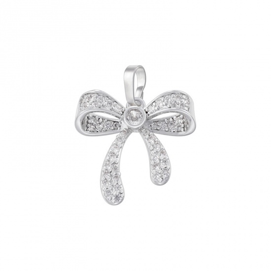 Picture of 1 Piece Brass Micro Pave Charm Pendant Platinum Plated Bowknot Clear Cubic Zirconia 22mm x 18mm