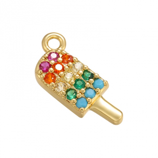 Picture of 1 Piece Brass Micro Pave Charms 18K Gold Plated Ice Lolly Multicolour Cubic Zirconia 14.5mm x 7mm