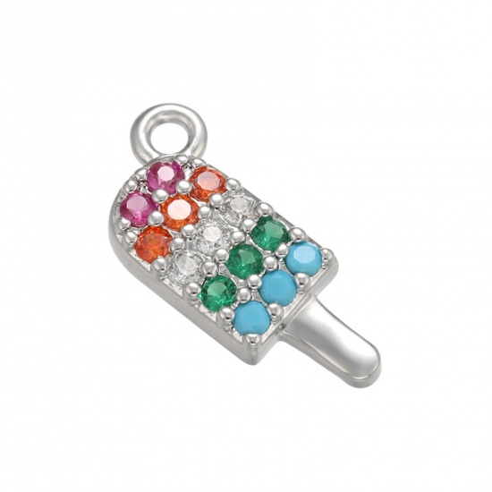 Picture of 1 Piece Brass Micro Pave Charms Platinum Plated Ice Lolly Multicolour Cubic Zirconia 14.5mm x 7mm