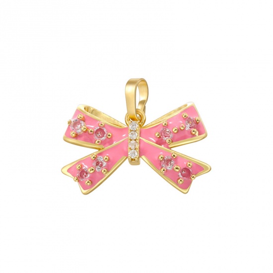 Picture of 1 Piece Brass Charm Pendant 18K Gold Plated Pink Ice Lolly Enamel Clear Rhinestone 20mm x 17mm