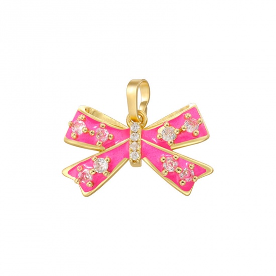 Picture of 1 Piece Brass Charm Pendant 18K Gold Plated Fuchsia Ice Lolly Enamel Clear Rhinestone 20mm x 17mm