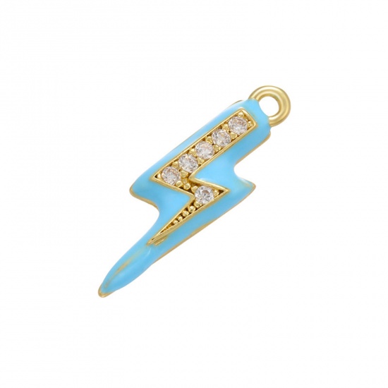 Picture of 1 Piece Brass Micro Pave Charms 18K Gold Plated Blue Lightning Weather Icon Enamel Clear Cubic Zirconia 17mm x 5mm