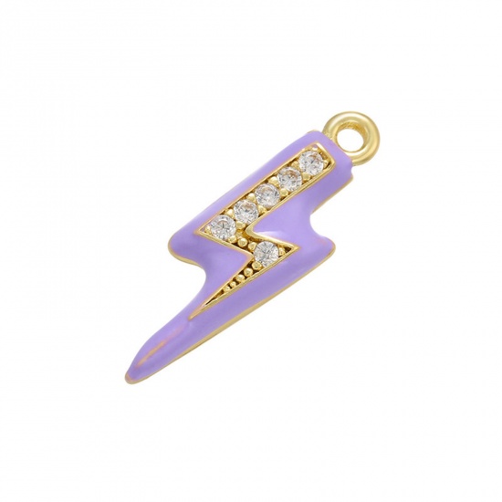 Picture of 1 Piece Brass Micro Pave Charms 18K Gold Plated Purple Lightning Weather Icon Enamel Clear Cubic Zirconia 17mm x 5mm