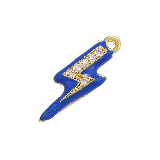 Picture of 1 Piece Brass Micro Pave Charms 18K Gold Plated Dark Blue Lightning Weather Icon Enamel Clear Cubic Zirconia 17mm x 5mm