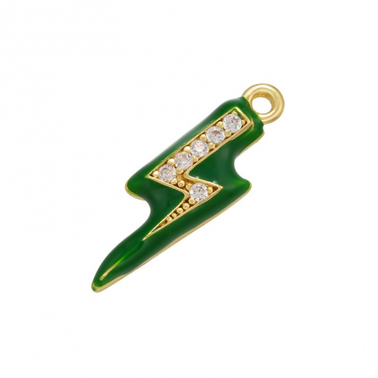 Picture of 1 Piece Brass Micro Pave Charms 18K Gold Plated Green Lightning Weather Icon Enamel Clear Cubic Zirconia 17mm x 5mm