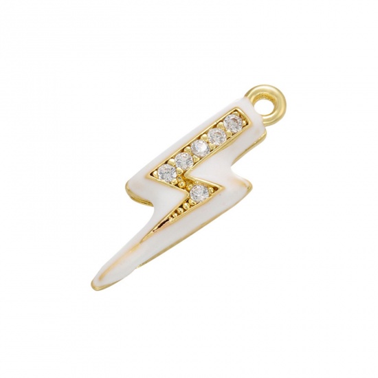 Picture of 1 Piece Brass Micro Pave Charms 18K Gold Plated White Lightning Weather Icon Enamel Clear Cubic Zirconia 17mm x 5mm