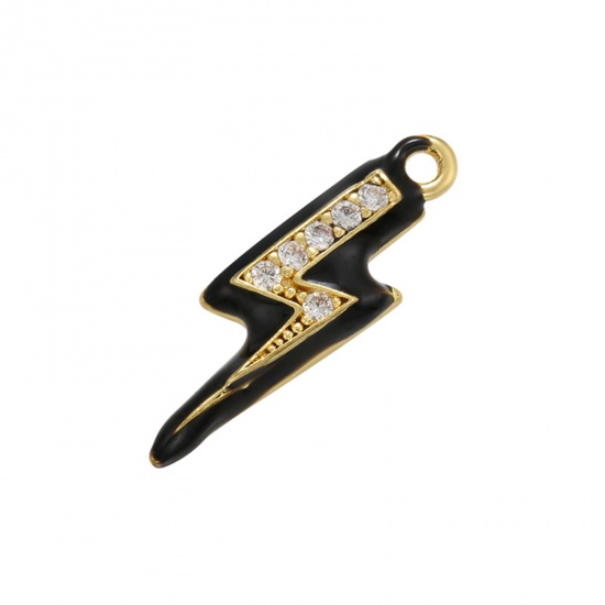 Picture of 1 Piece Brass Micro Pave Charms 18K Gold Plated Black Lightning Weather Icon Enamel Clear Cubic Zirconia 17mm x 5mm