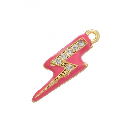 Picture of 1 Piece Brass Micro Pave Charms 18K Gold Plated Fuchsia Lightning Weather Icon Enamel Clear Cubic Zirconia 17mm x 5mm