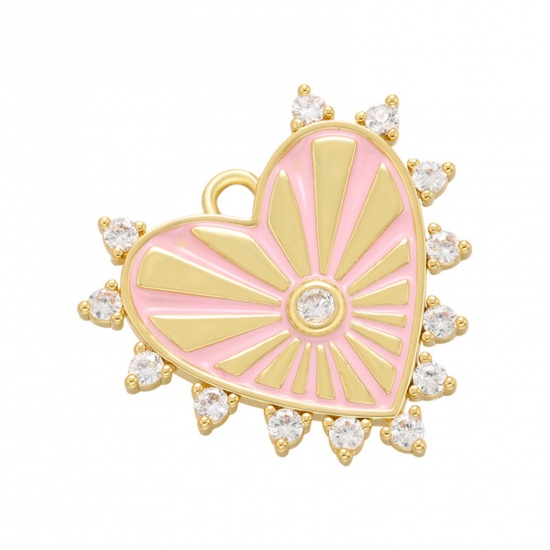 Immagine di 1 Pz Ottone San Valentino Ciondoli Cuore Placcato Oro 18K Rosa Raggi del Sole Smalto Trasparente Strass 23mm x 22mm