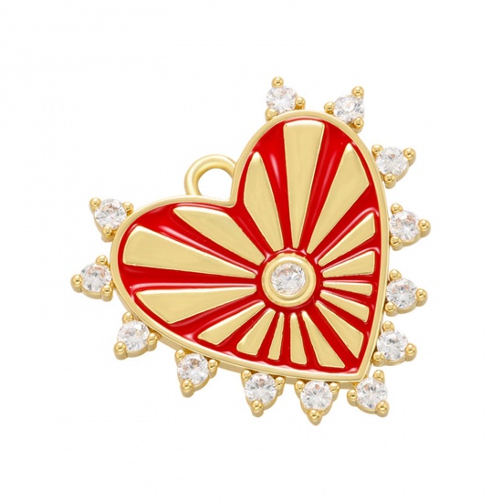 Picture of 1 Piece Brass Valentine's Day Charms 18K Gold Plated Red Heart Sun Rays Enamel Clear Rhinestone 23mm x 22mm