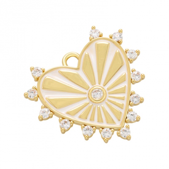 Picture of 1 Piece Brass Valentine's Day Charms 18K Gold Plated White Heart Sun Rays Enamel Clear Rhinestone 23mm x 22mm