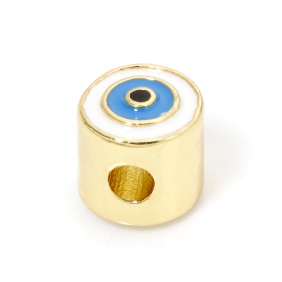 Immagine di 1 Pz Ecologico Ottone Religione Perline per la Creazione di Gioielli con Fai-da-te 18K Vero Oro Placcato Cilindrico Malocchio Smalto Circa 7mmx 7mm, Foro:Circa 2.4mm