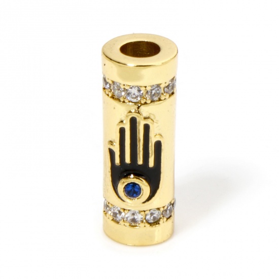 Immagine di 1 Pz Ecologico Ottone Religione Perline per la Creazione di Gioielli con Fai-da-te 18K Vero Oro Placcato Nero Cilindrico Mano Simbolo di Hamsa Smalto Blu Scuro Cubic Zirconiae Trasparente Strass Circa 18mmx 7mm, Foro:Circa 3.2mm