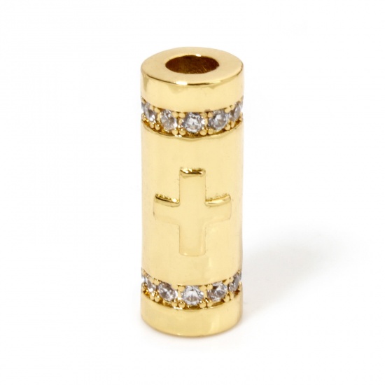 Immagine di 1 Pz Ecologico Ottone Religione Perline per la Creazione di Gioielli con Fai-da-te 18K Vero Oro Placcato Cilindrico Croce Trasparente Strass Circa 18mmx 7mm, Foro:Circa 3.2mm