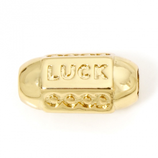 Immagine di 1 Pz Ecologico Ottone Galassia Perline per la Creazione di Gioielli con Fai-da-te 18K Vero Oro Placcato Prisma Esagonale Lettere " LUCK " Circa 14mmx 8mm, Foro:Circa 3.2mm