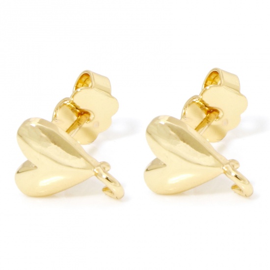 Immagine di 1 Paio Ecologico Ottone San Valentino Orecchini a Perno 18K Vero Oro Placcato Cuore Con anello Aperto 10mm x 8mm, Dimensione di Posta / Cavo: (20 misura)