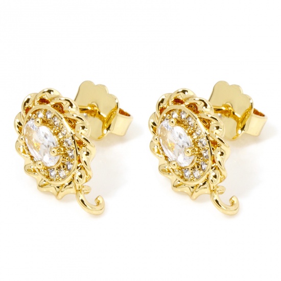 Immagine di 1 Paio Ecologico Ottone Elegante Orecchini a Perno 18K Vero Oro Placcato Ovale Con anello Aperto Trasparente Strass 14mm x 9mm, Dimensione di Posta / Cavo: (21 misura)