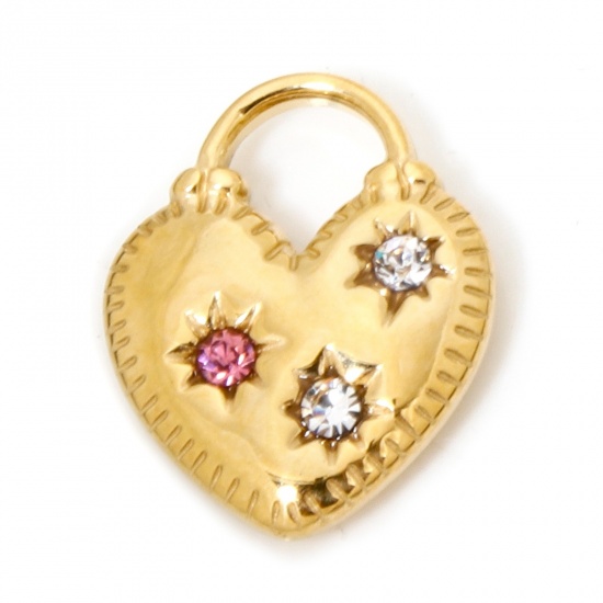 Picture of 1 Piece Eco-friendly Vacuum Plating 304 Stainless Steel Birthstone Charms Gold Plated Heart Lock Pink Rhinestone Clear Cubic Zirconia 17.5mm x 14mm