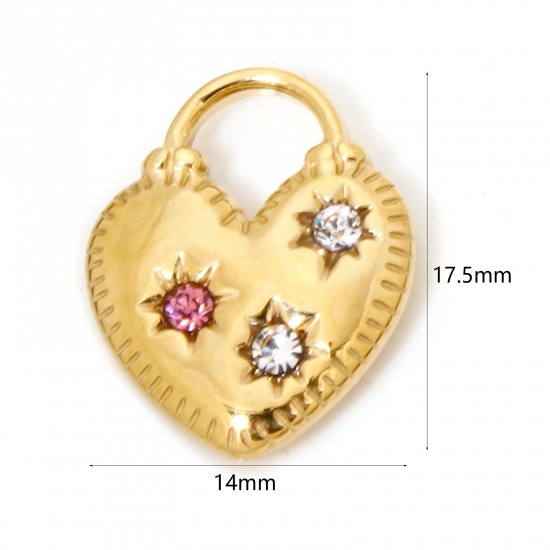 Picture of 1 Piece Eco-friendly Vacuum Plating 304 Stainless Steel Birthstone Charms Gold Plated Heart Lock Pink Rhinestone Clear Cubic Zirconia 17.5mm x 14mm