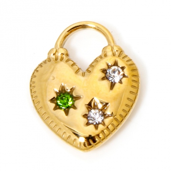 Picture of 1 Piece Eco-friendly Vacuum Plating 304 Stainless Steel Birthstone Charms Gold Plated Heart Lock Light Green Rhinestone Clear Cubic Zirconia 17.5mm x 14mm