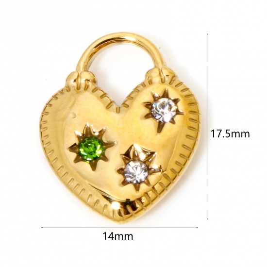 Picture of 1 Piece Eco-friendly Vacuum Plating 304 Stainless Steel Birthstone Charms Gold Plated Heart Lock Light Green Rhinestone Clear Cubic Zirconia 17.5mm x 14mm