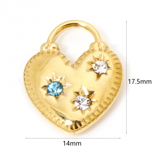 Picture of 1 Piece Eco-friendly Vacuum Plating 304 Stainless Steel Birthstone Charms Gold Plated Heart Lock Light Blue Rhinestone Clear Cubic Zirconia 17.5mm x 14mm