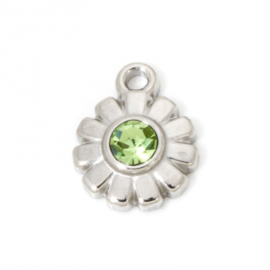 Immagine di 1 Pz Ecologico 304 Acciaio Inossidabile Squisito Ciondoli Fiore Margherita Tono Argento Verde Chiaro Strass 11mm x 9mm