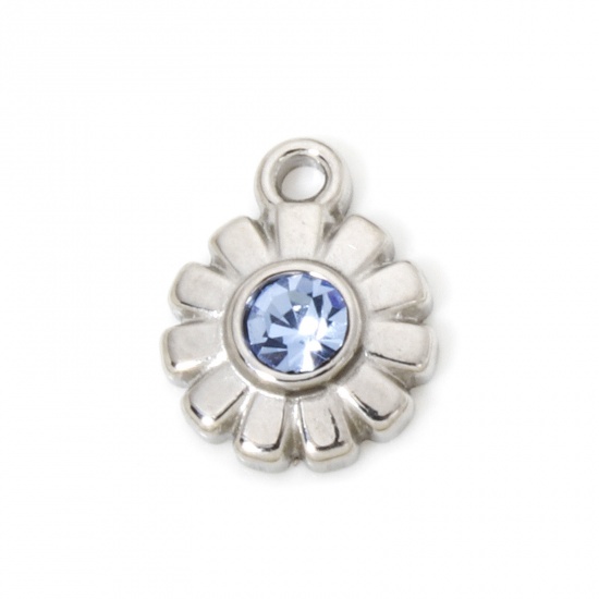 Immagine di 1 Pz Ecologico 304 Acciaio Inossidabile Squisito Ciondoli Fiore Margherita Tono Argento Blu Strass 11mm x 9mm