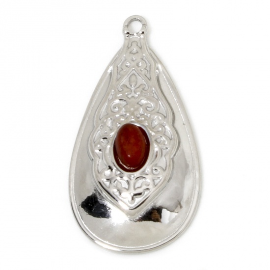 Immagine di 1 Pz Ecologico 304 Acciaio Inossidabile & Pietra Stile Bohemien Ciondoli Pendenti Goccia Tono Argento Rosso Intagliato 34.5mm x 18.5mm