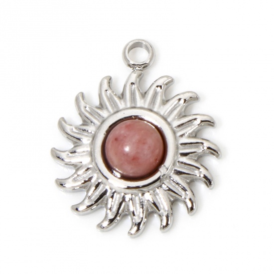 Picture of 1 Piece Eco-friendly 304 Stainless Steel & Stone Retro Charms Silver Tone Red Sun 14.5mm x 12.5mm