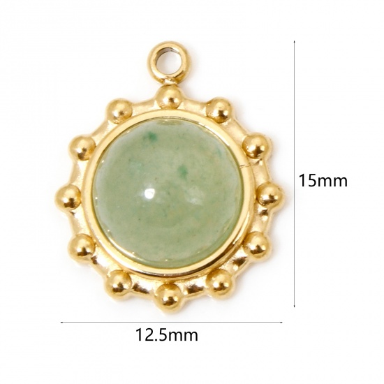 Picture of 1 Piece Eco-friendly Vacuum Plating 304 Stainless Steel & Stone Retro Charms Gold Plated Light Green Round 15mm x 12.5mm