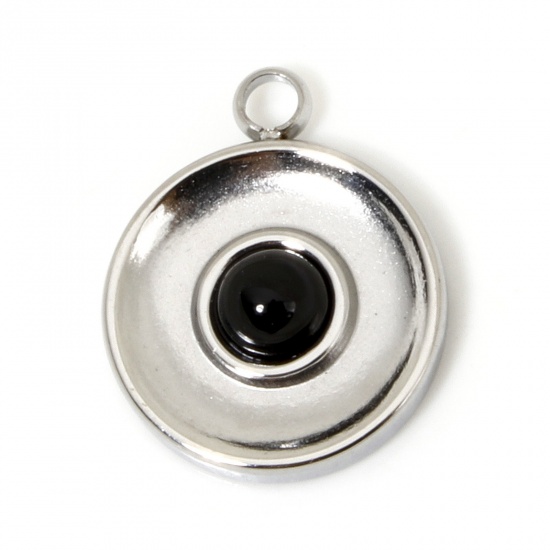 Picture of 1 Piece Eco-friendly 304 Stainless Steel & Stone Retro Charms Silver Tone Black Round 15.5mm x 12.5mm