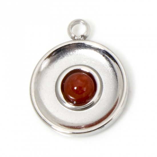 Picture of 1 Piece Eco-friendly 304 Stainless Steel & Stone Retro Charms Silver Tone Red Round 15.5mm x 12.5mm