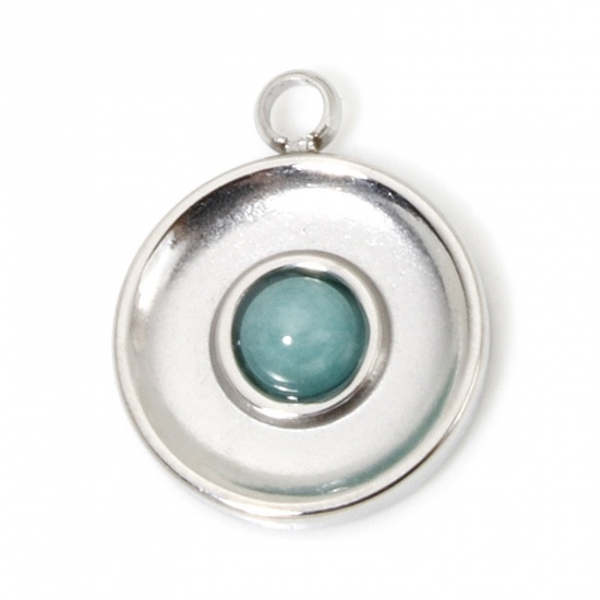 Picture of 1 Piece Eco-friendly 304 Stainless Steel & Stone Retro Charms Silver Tone Green Round 15.5mm x 12.5mm