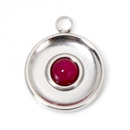 Picture of 1 Piece Eco-friendly 304 Stainless Steel & Stone Retro Charms Silver Tone Fuchsia Round 15.5mm x 12.5mm