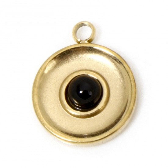 Picture of 1 Piece Eco-friendly Vacuum Plating 304 Stainless Steel & Stone Retro Charms Gold Plated Black Round 15.5mm x 12.5mm